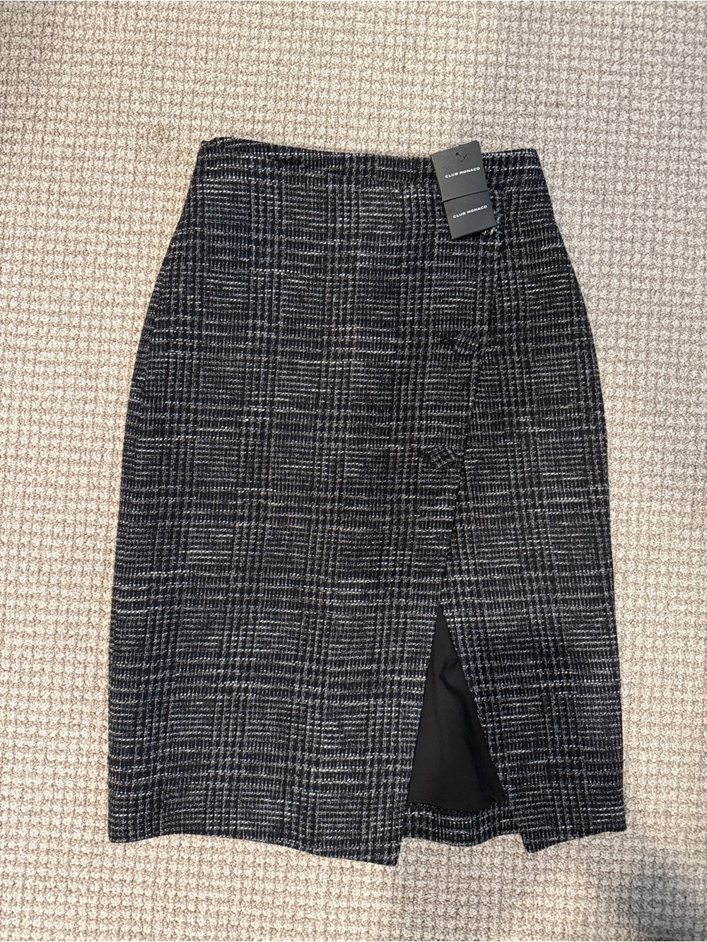 Club Monaco Black Gray Plaid Pencil Skirt with Front Slit